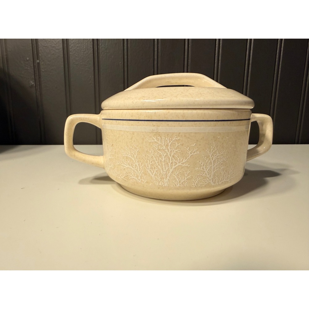 Lenox Temper-ware Silhouette Lidded Crock Sugar Bowl Cream white Stripe Trees